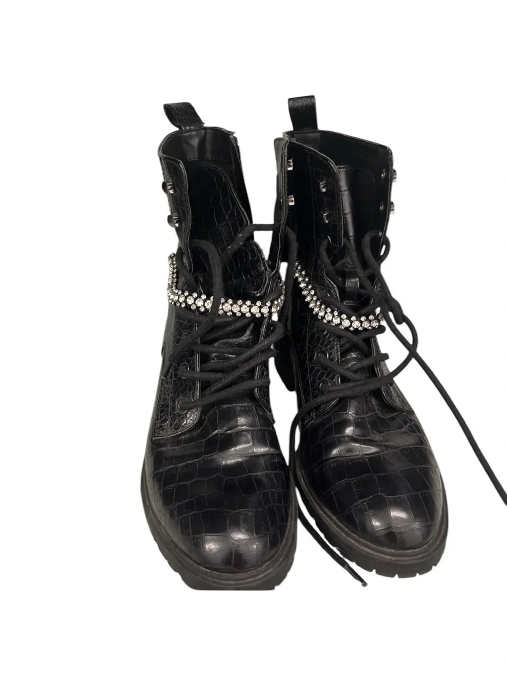 Express Black Croc-Embossed Lace-Up Boots with Rhinestone Strap 9 - Picture 3 of 6